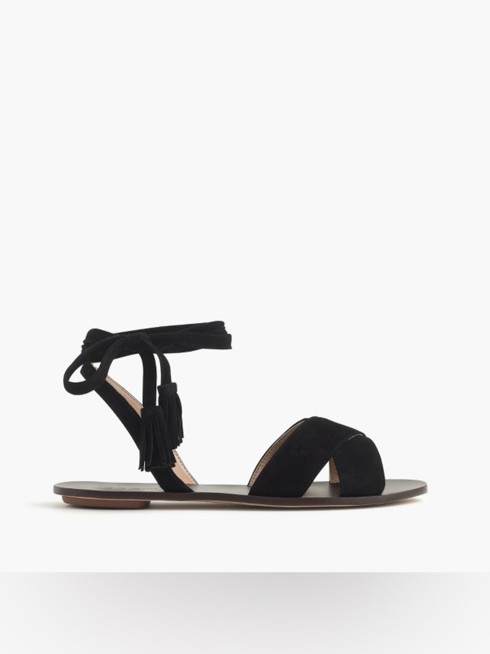 J.Crew Lux Black Suede Lace-Up Tassel Flat Sandals – Size 6.5